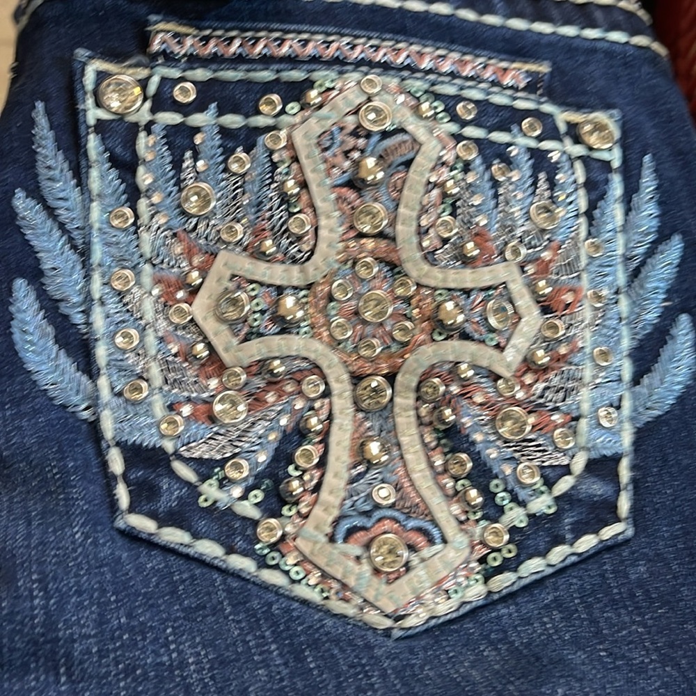 Sexy Couture Rhinestone Cross Pocket Stretch Denim Blue Jeans SZ - Picture 3 of 7